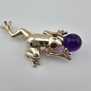 Vintage AC Studio Amethyst Garnet Frog Sterling Silver Brooch Pin